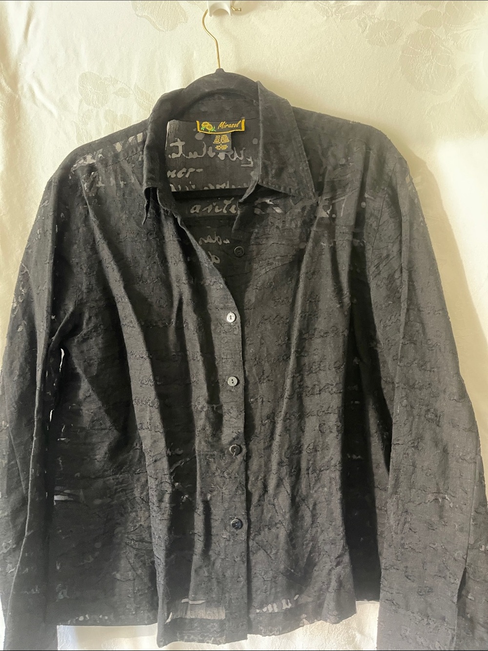 Mirasol Black Sheer Script-Pattern Button-Up